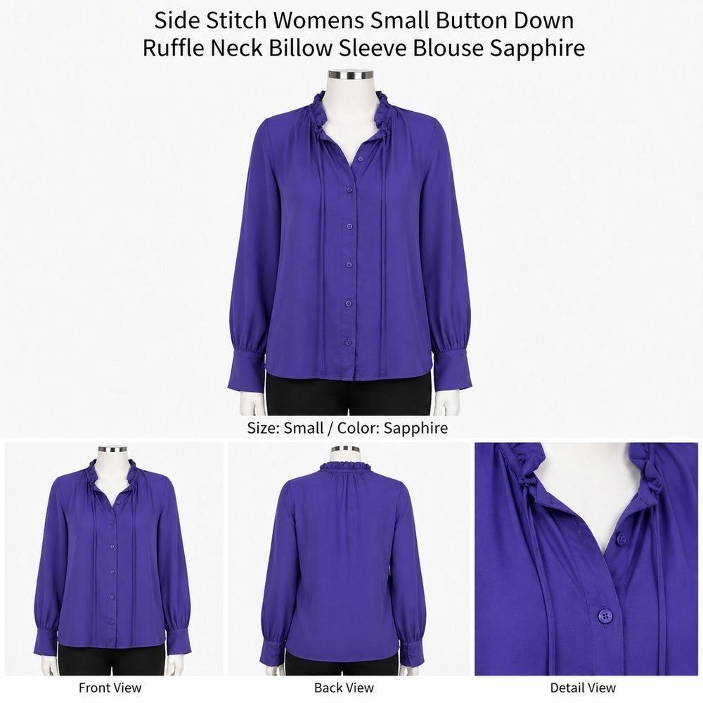 Side Stitch Womens Small Button Down Ruffle‎ Neck Billow Sleeve Blouse Sapphire